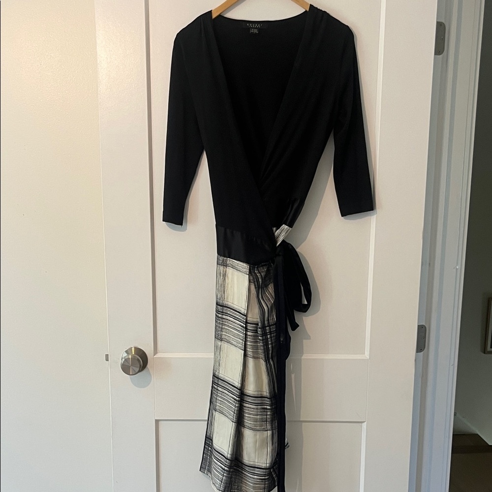 Nougat London Black and Cream Plaid Sill Long Sleeve Wrap Dress with 3/4 sleeves